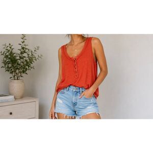 Free People We The Free Orange Henley Tank Top XL Oversized Boho